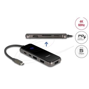 Delock Dokovací stanice USB Type-C™ 4K – HDMI / USB Hub / SD - Micro SD slot / PD 3.0 85 W s povrchem z tvrzeného skla