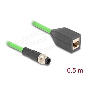 Delock Kabel M12, D-kódovaný, 4 pin, ze zástrčkového na RJ45 zásuvkový konektor, PUR (TPU), 0,5 m